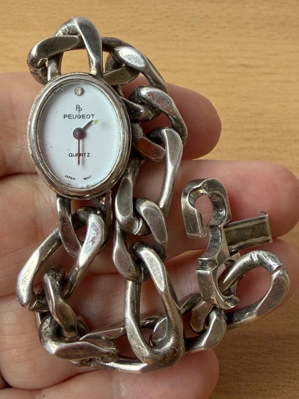 VINTAGE PEUGEOT LADIES WATCH CHUNKY CUBAN CURB LINK SILVER TONE BRACELET AS IS